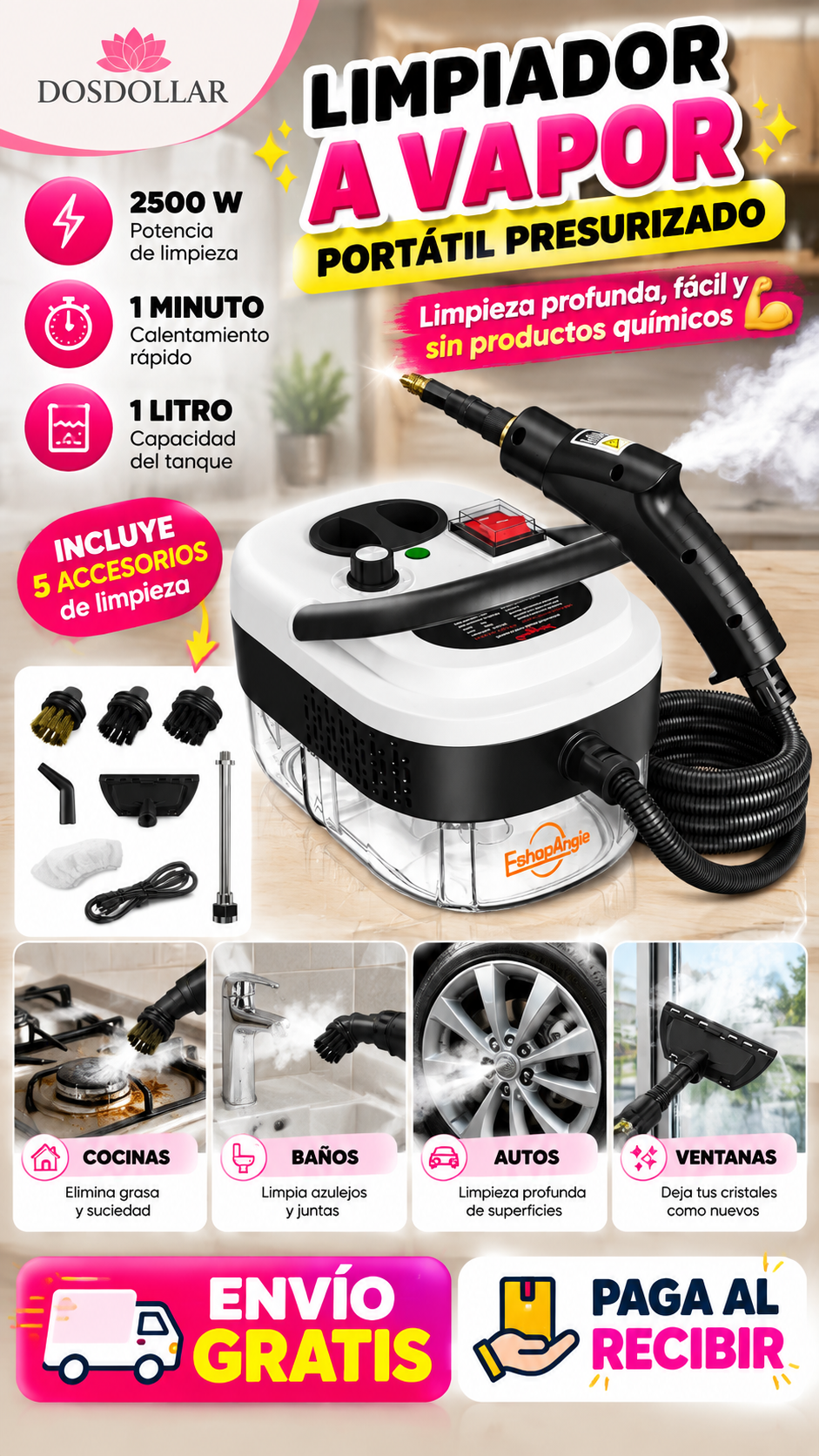 LIMPIADOR A VAPOR 2500W, ALTA PRESIÓN