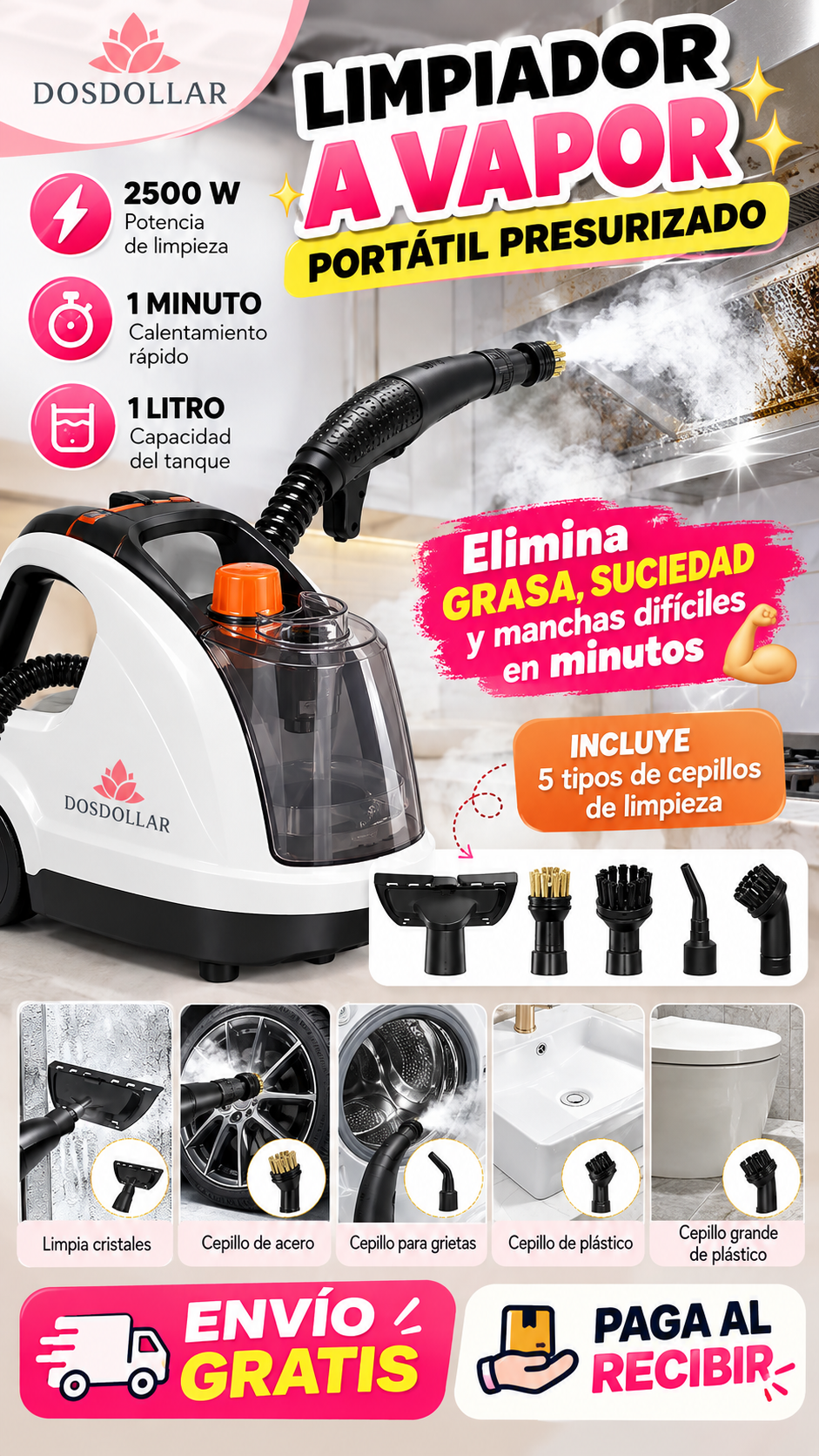 LIMPIADOR A VAPOR 2500W, ALTA PRESIÓN